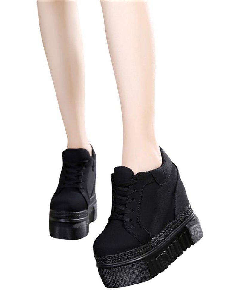 ACE SHOCK Women Fashion Platform Sneakers Wide Width High Hidden Heel Wedge Walking Shoes (7, Without Flower Black) - Image 2
